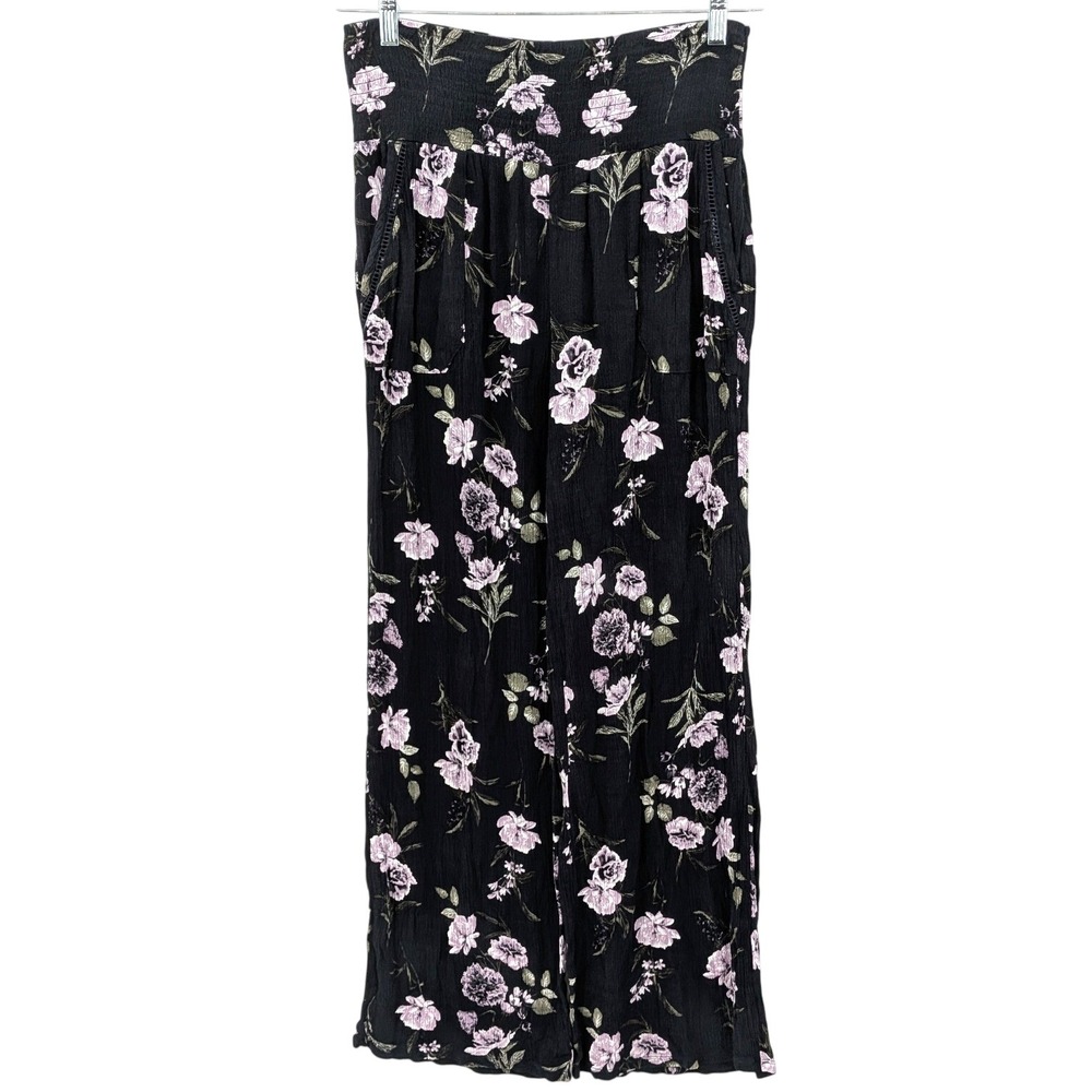 Floral Wide Leg Pants High Waist Smocked Rayon Boho Cottagecore Size L - Picture 1 of 10